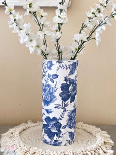 blue and white chinoiserie vase on macrame placemat