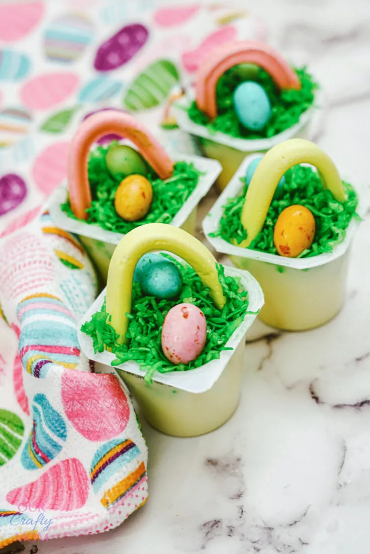 easter basket pudding cups with egg towel