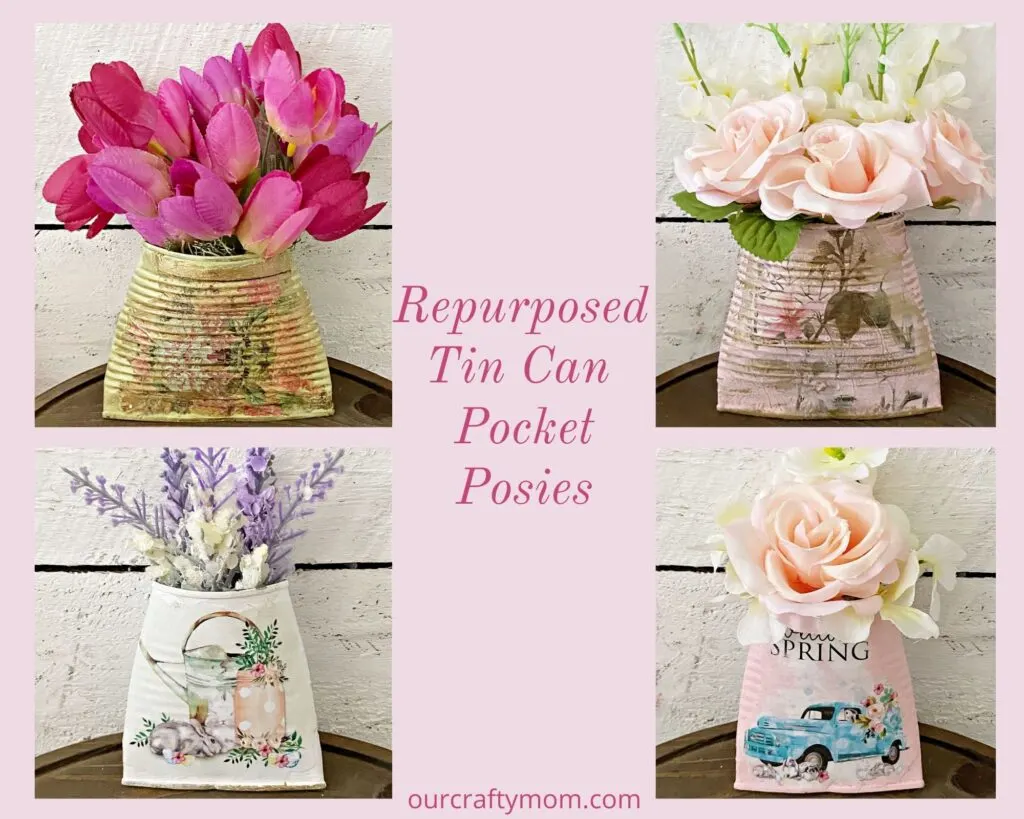 set of 4 tin can pocket planters on pink background