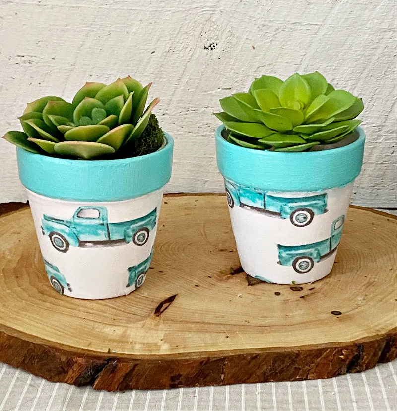 set of 2 blue truck covered flower pots with succulents