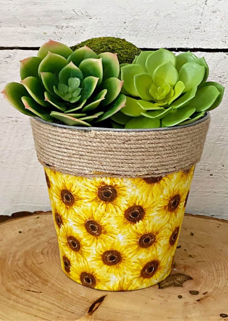 sunflower fabric covered flower pot with succulents