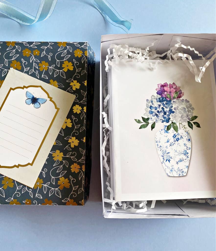note cards in card box with paper shreds