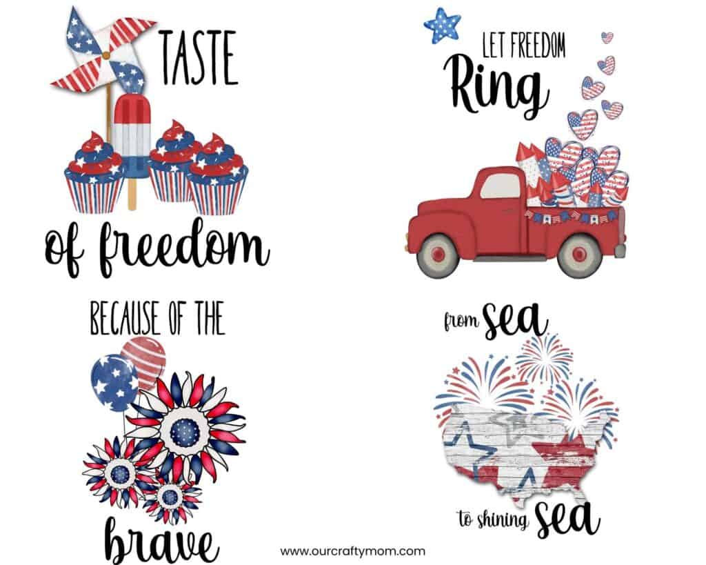 set of 4 printables with little red truck for 4th of july