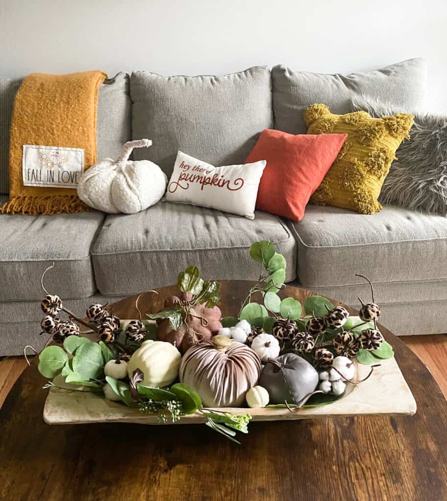 Dough Bowl Decor In fall living room 