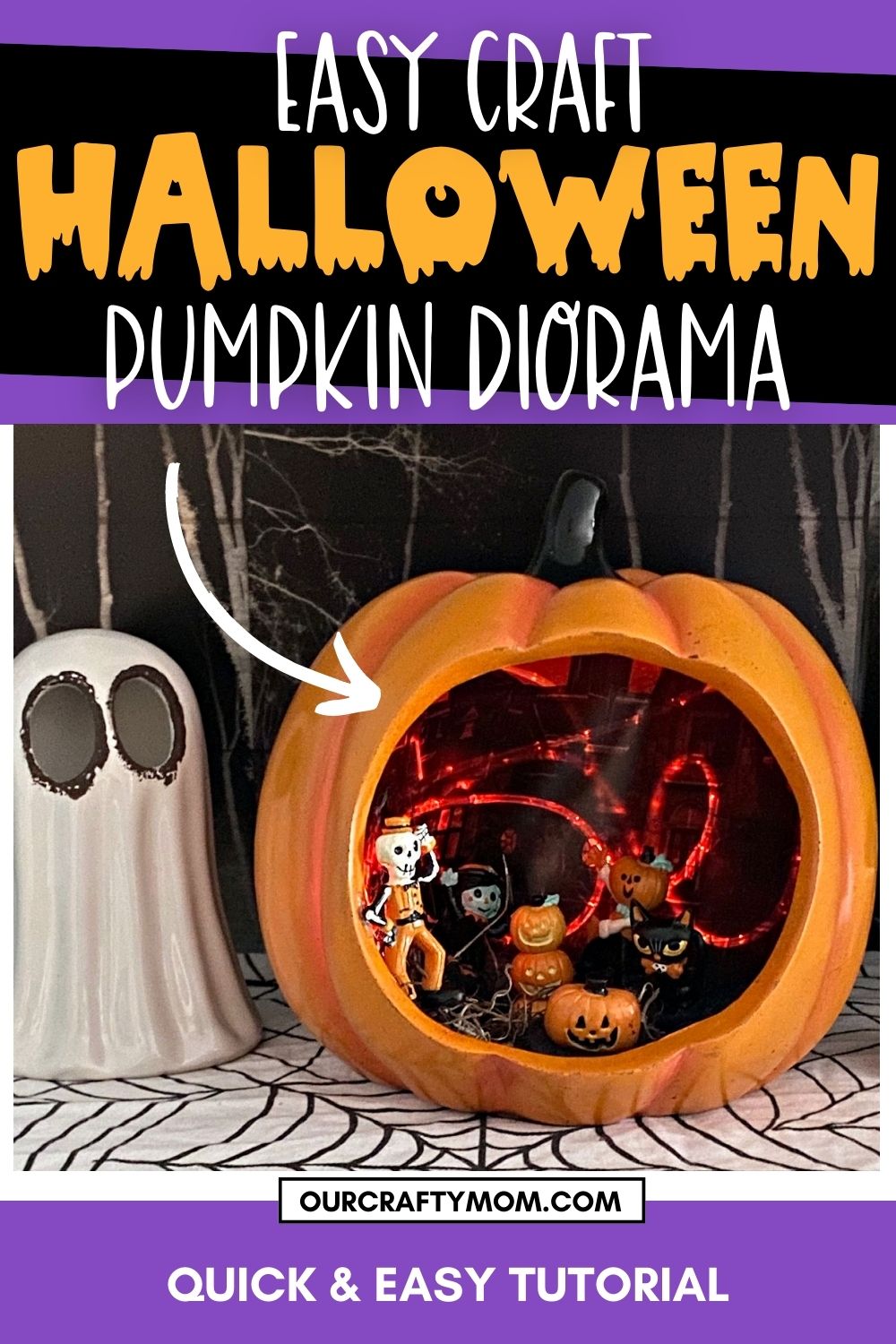 pumpkin diorama on shelf pin image with text