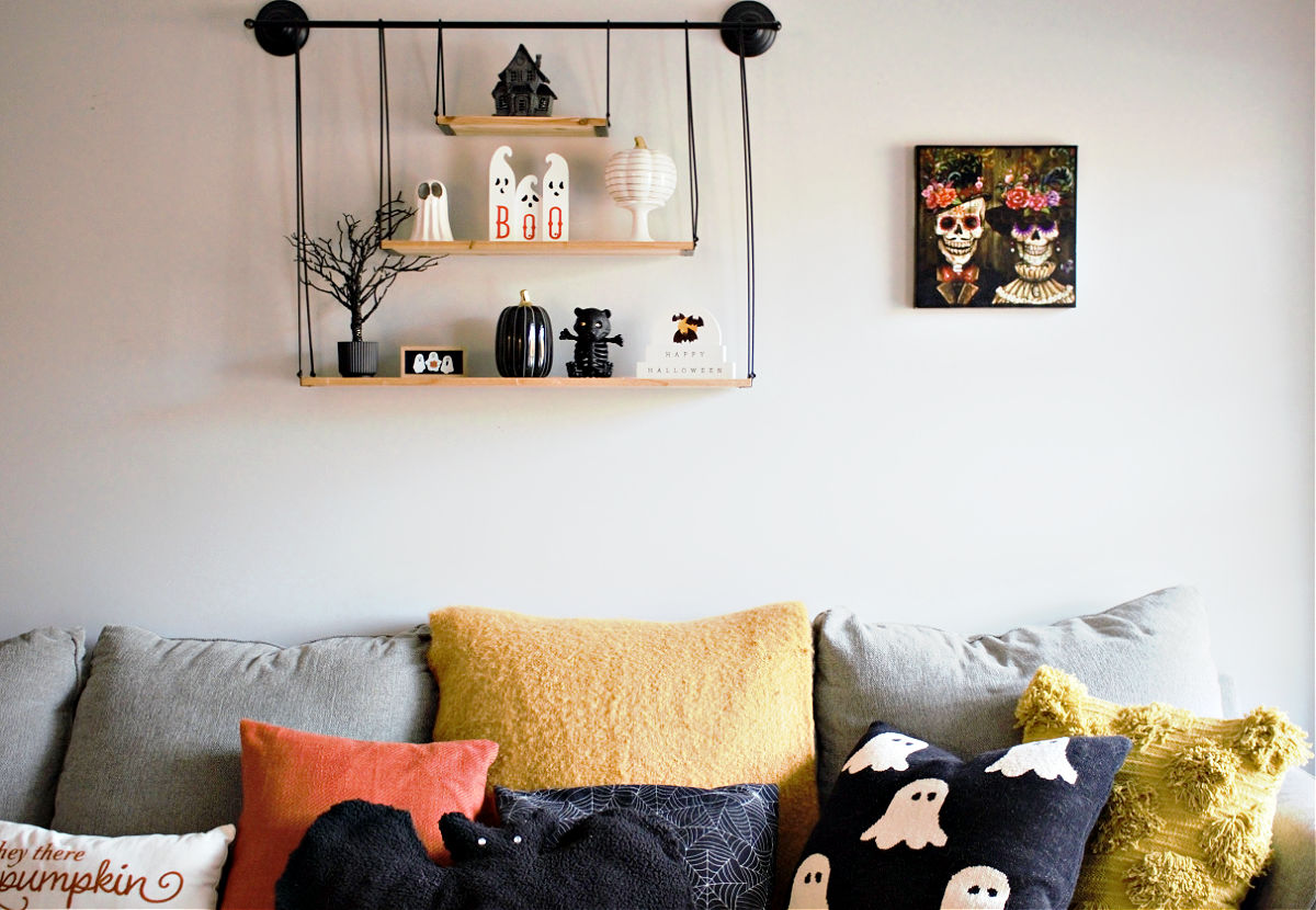 Halloween living room decor in black and white