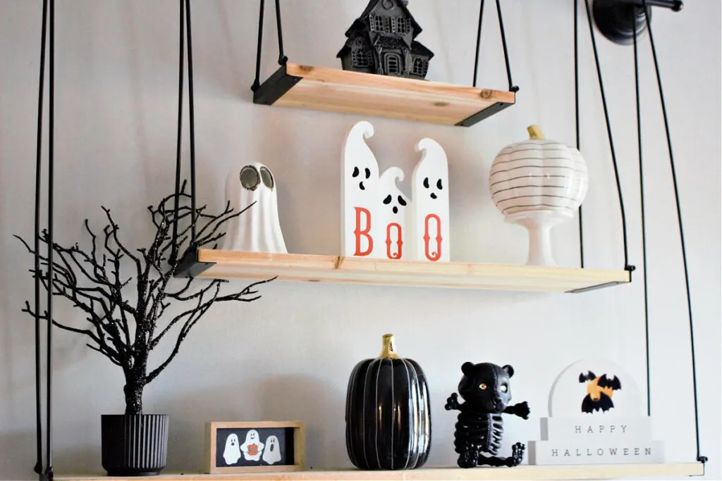 Decocrated wall shelves decorated for Halloween