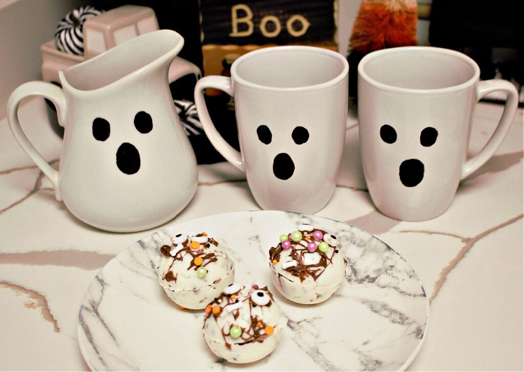 ghost mugs with hot cocoa bombs