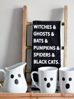Halloween ghost mugs on tiered tray
