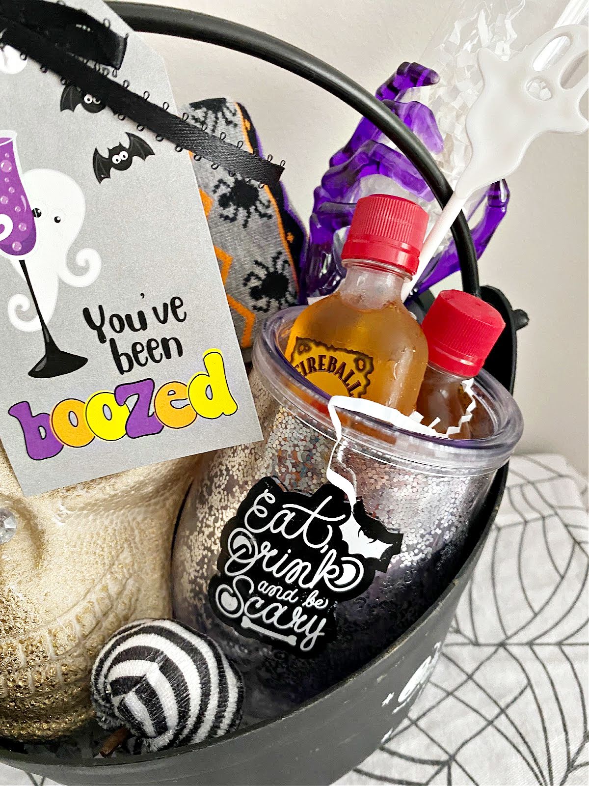 spooky basket with you've been boozed tags