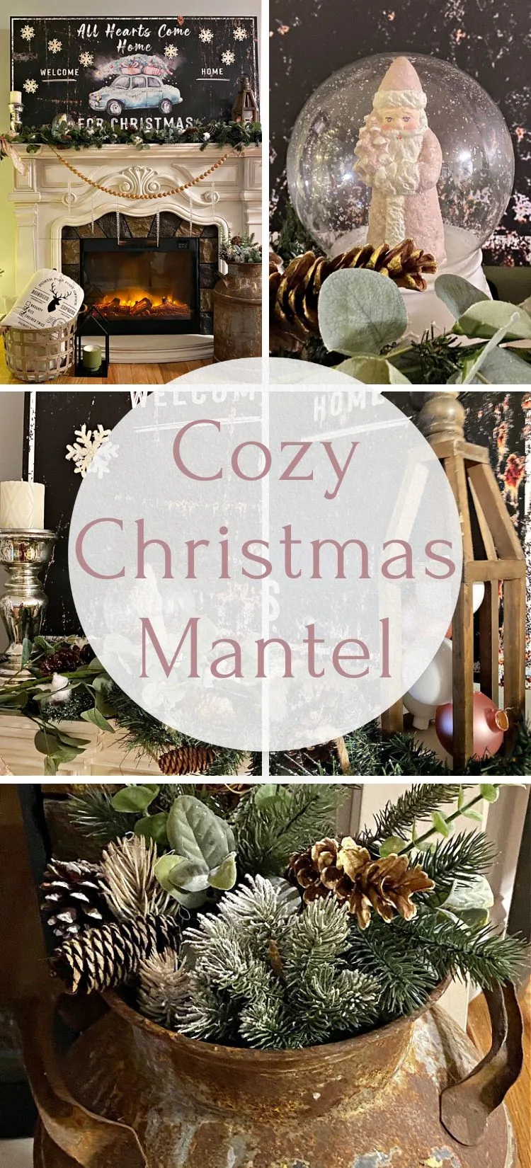 Cozy Christmas Mantel in Blush Pink and Gold pin collage with text overlay
