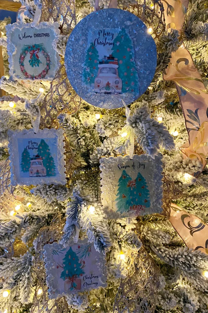decoupage ornaments hanging on the tree