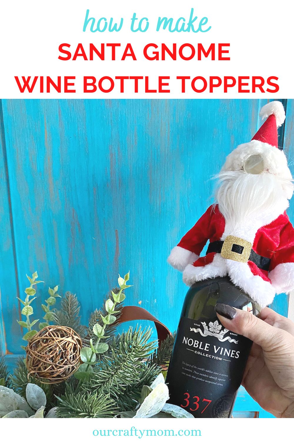 diy santa gnome wine bottle topper in basket