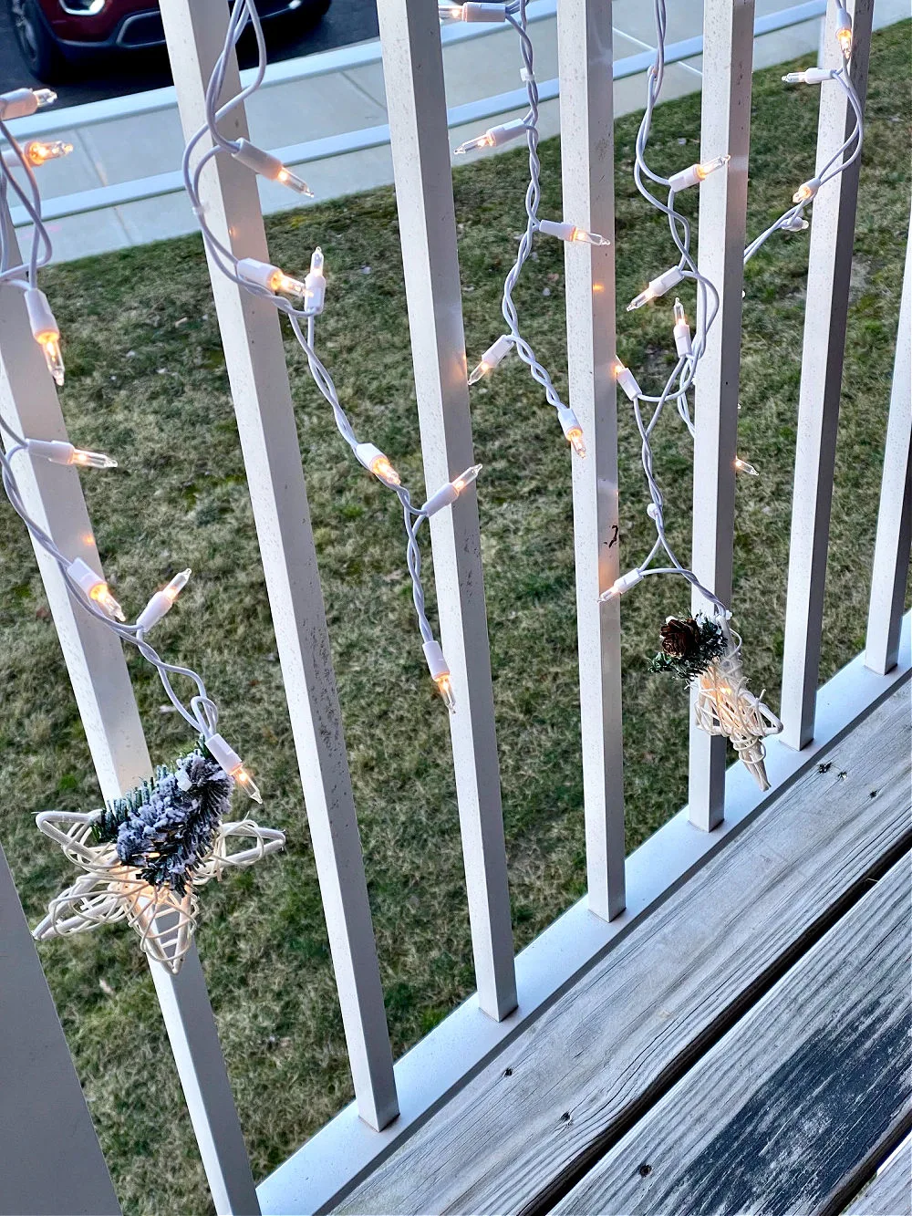 twinkling christmas lights on balcony