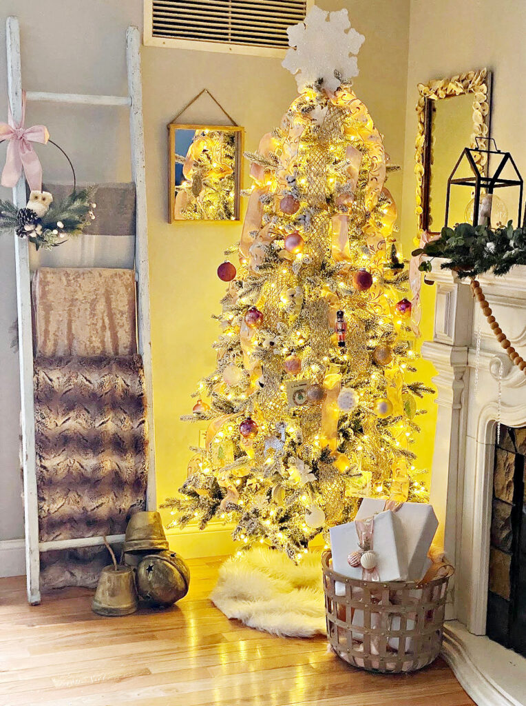 full view pink and gold flocked Christmas tree king of christmas