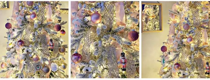 Elegant Pink and Gold Christmas Tree Decorations on a Flocked Tree collage of 3 photos