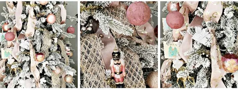 collage of christmas tree decorations on flocked tree