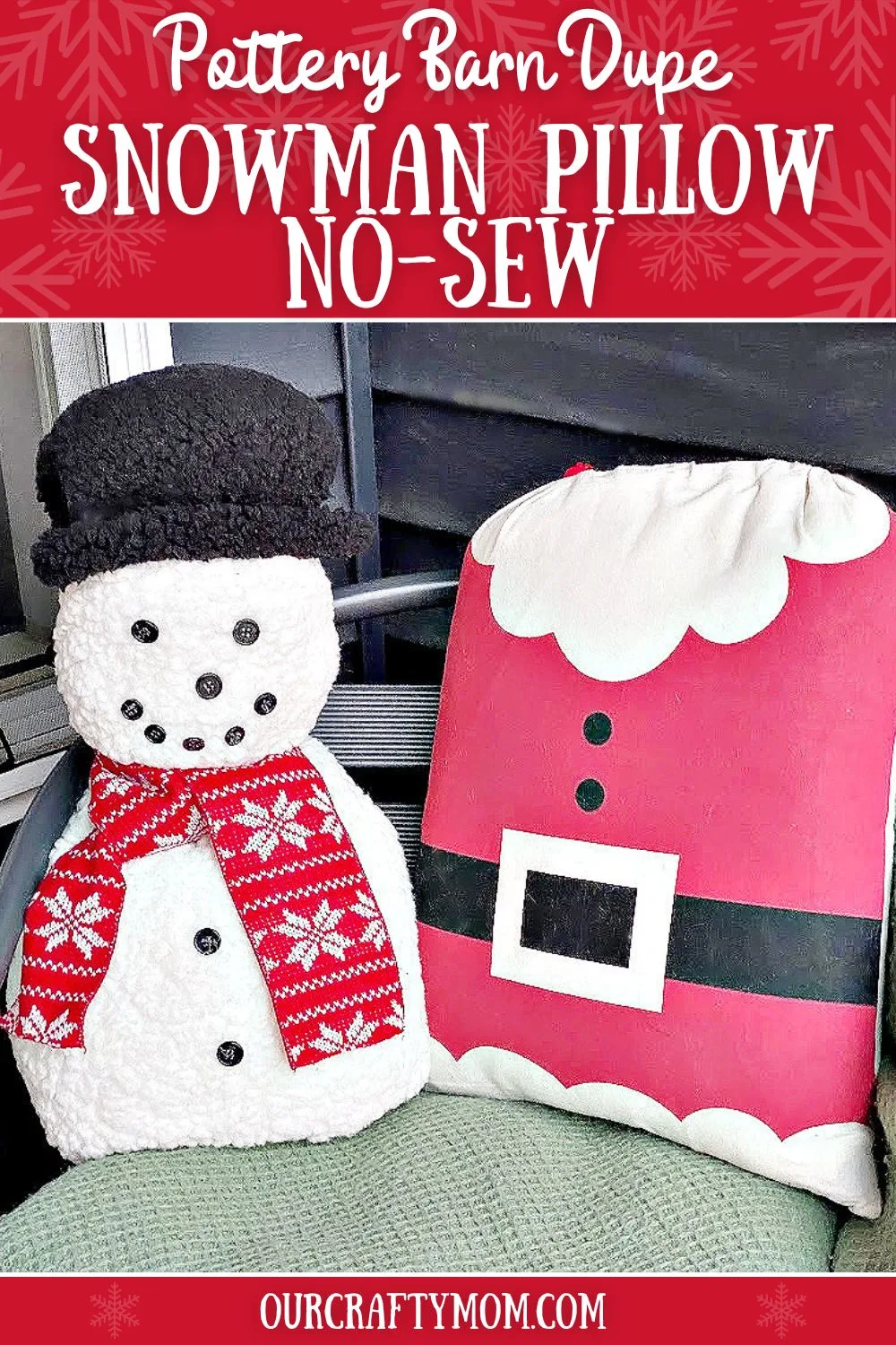 snowman pillow pin with red snowflakes