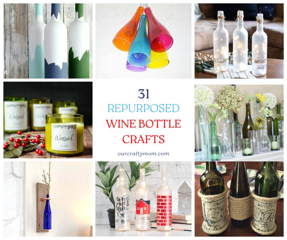collage of wine bottle crafts