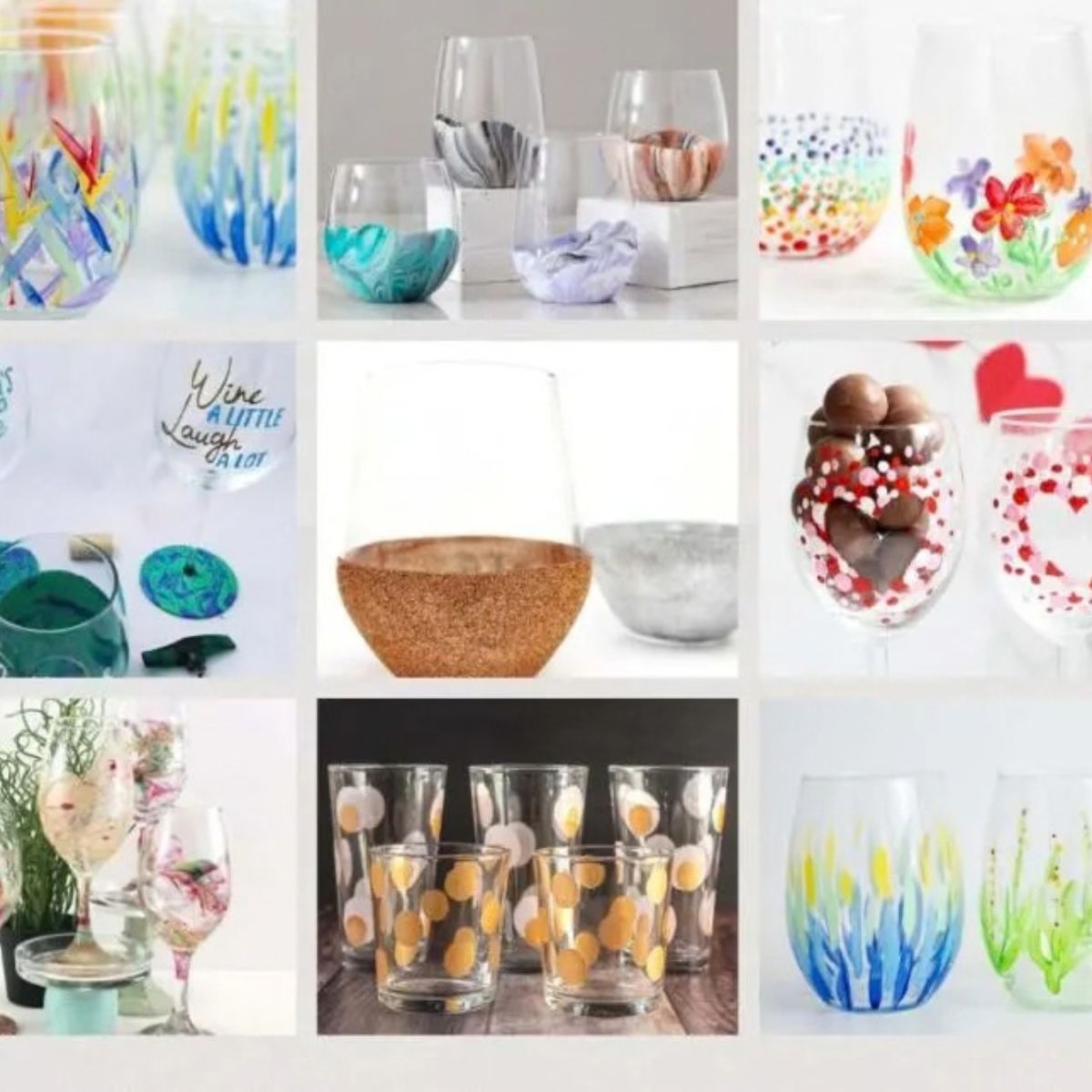 9 image collage with diy wine glass painting 