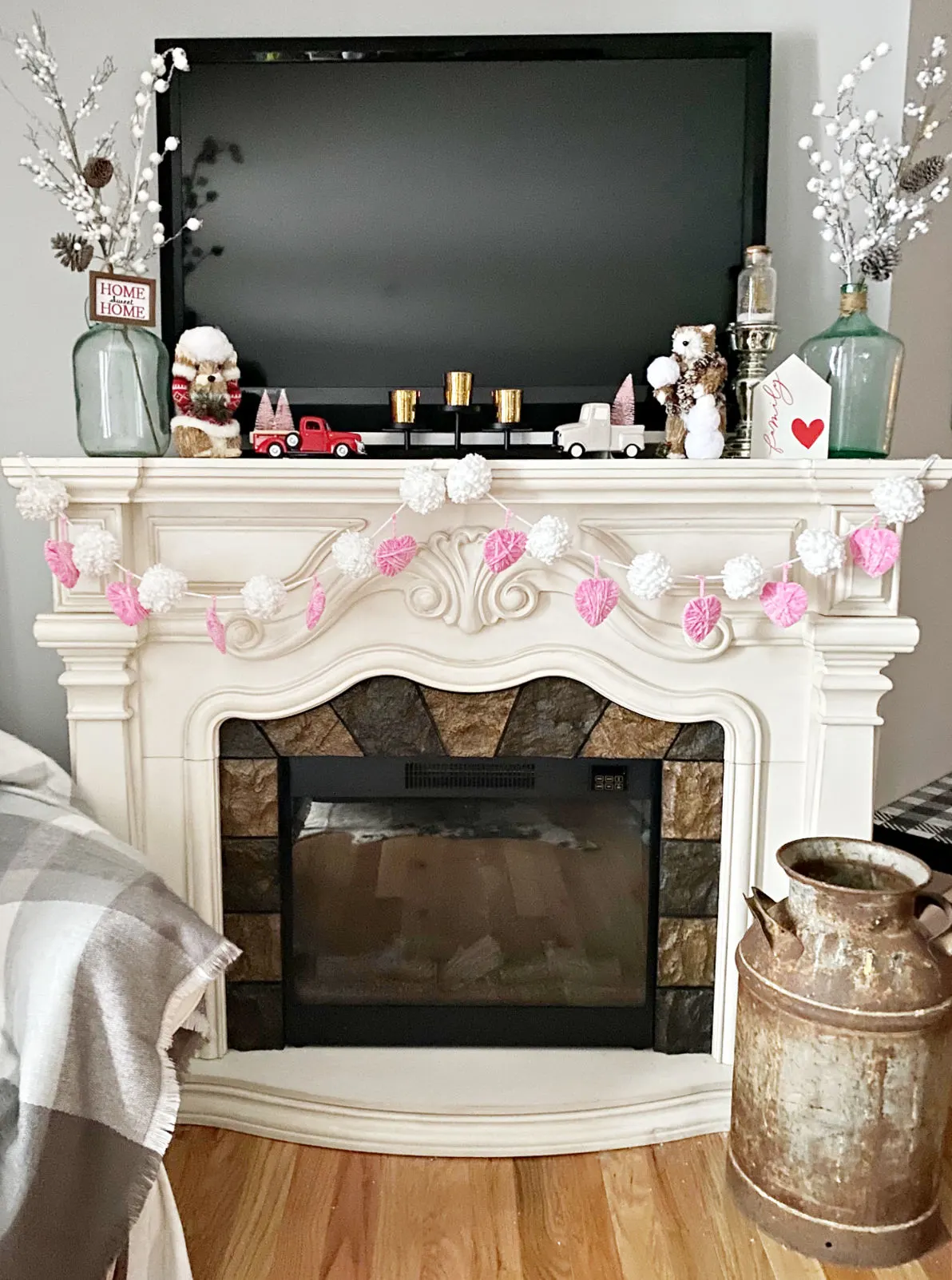 valentines day mantel with heart banner