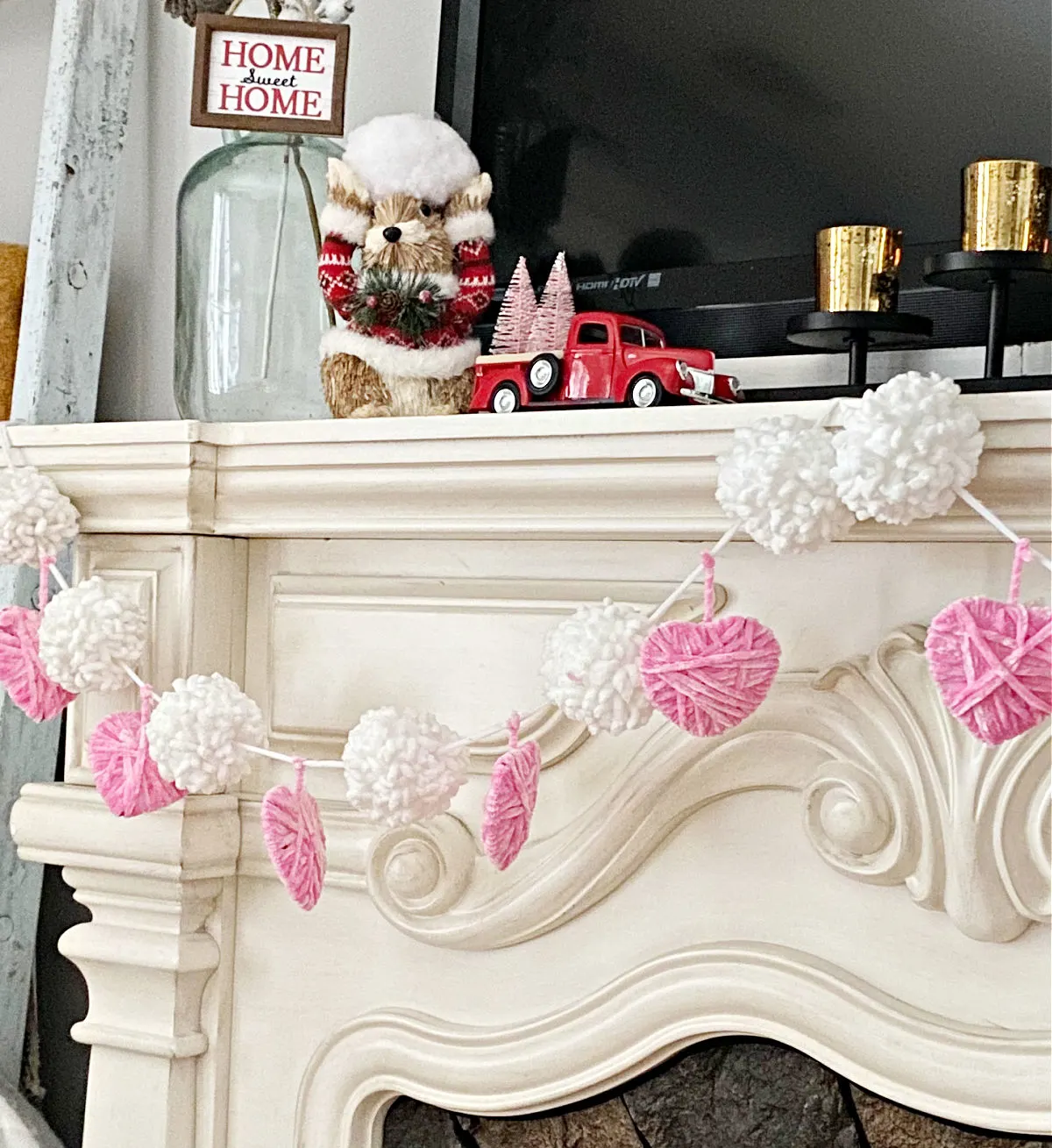 Valentines Day Mantel with yarn wrapped hearts