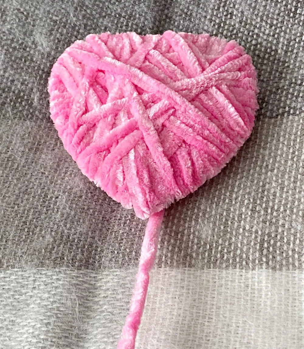 finished yarn wrapped hearts