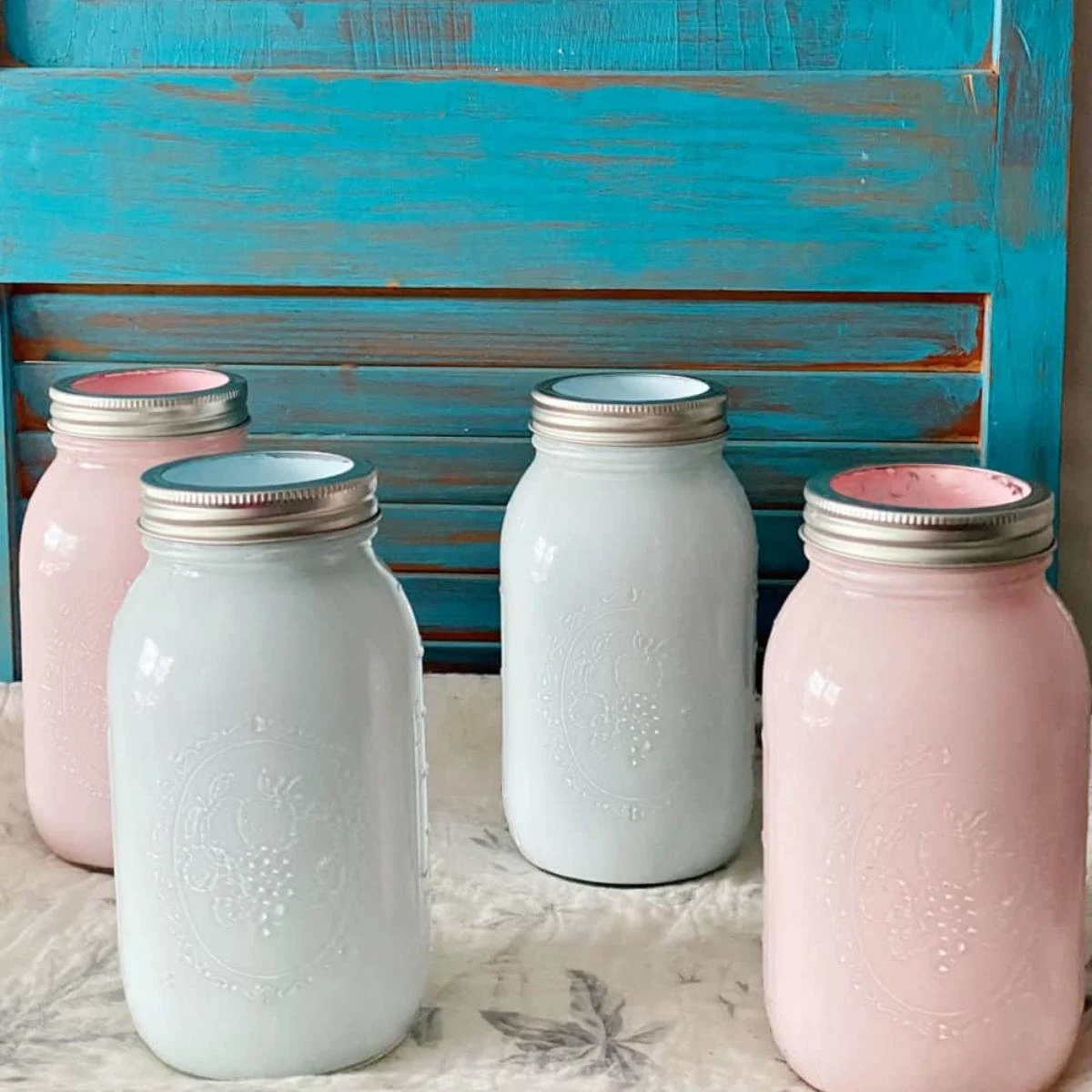 4 painted mason jars in pink and blue