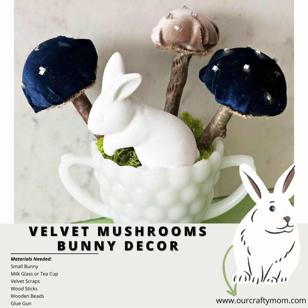 velvet mushrooms in milk glass cup with bunny