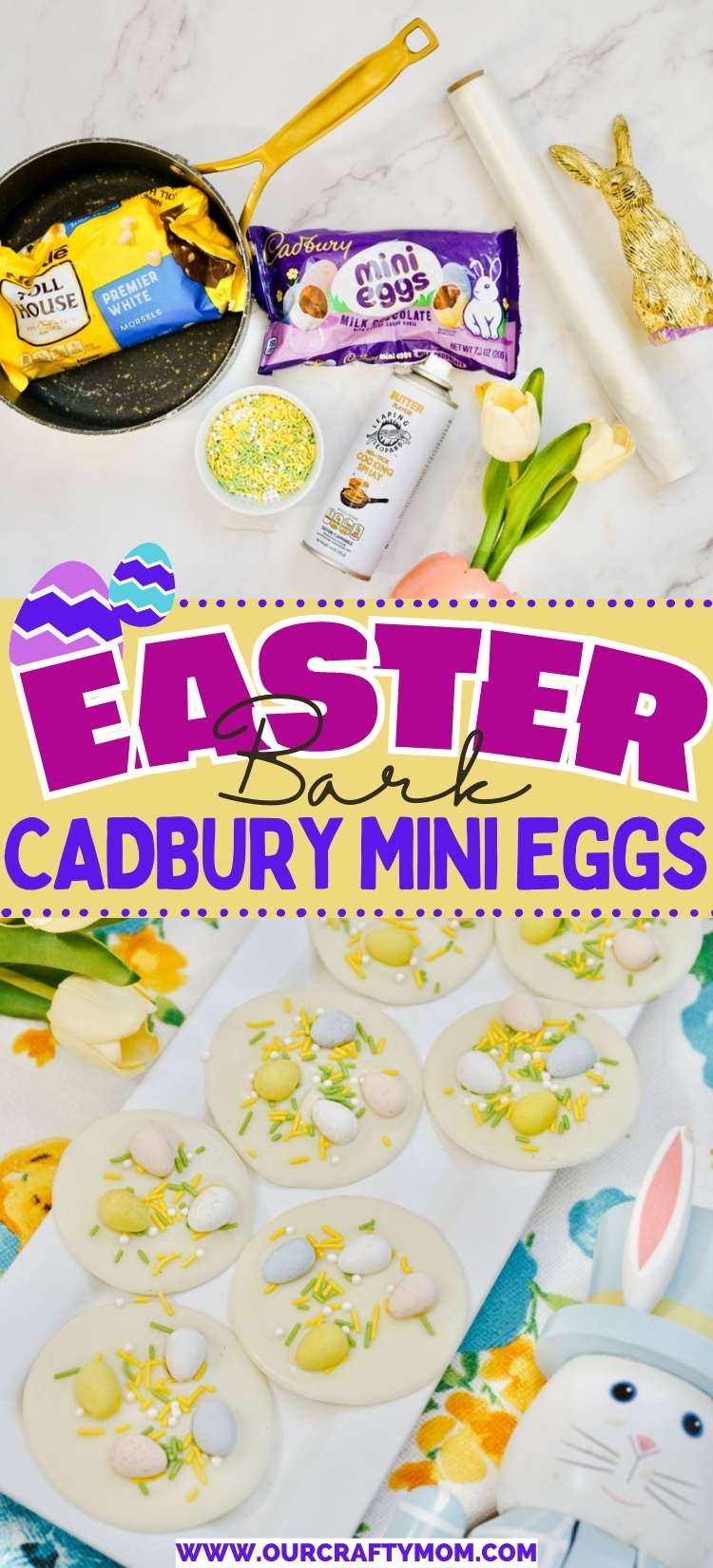 Cadbury mini eggs candy bark pin collage with text