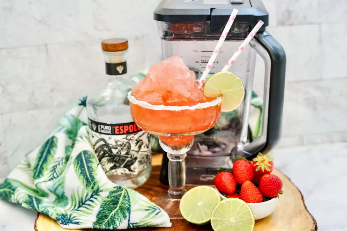 ingredients for strawberry margarita on counter