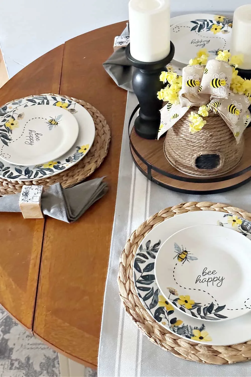 side view of everyday tablescape ideas with bee themed dishes