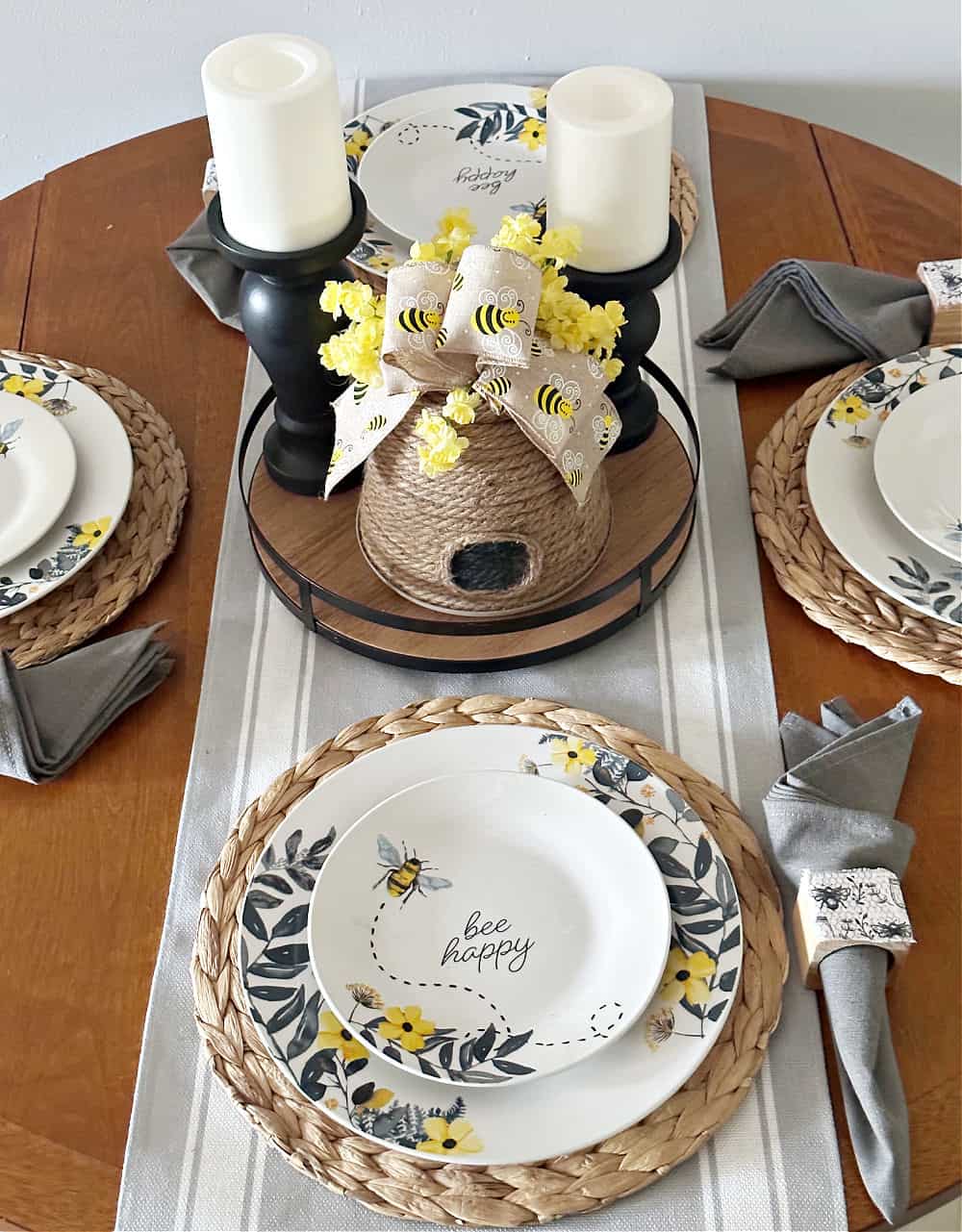 close up of bee themed tablescape for everyday 