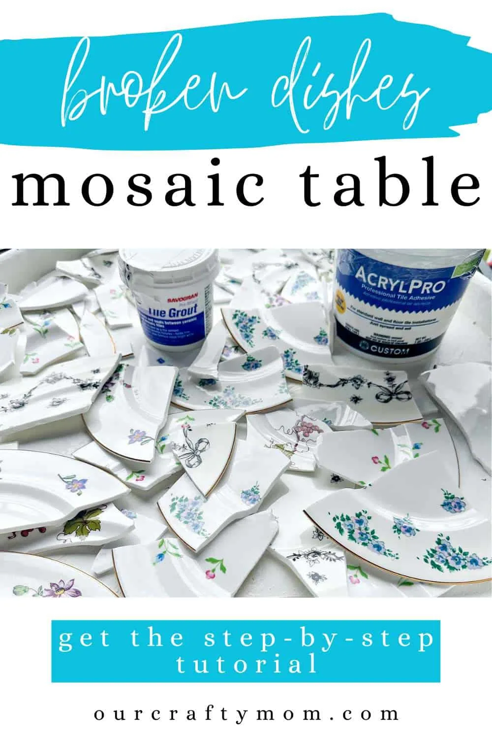 broken dishes mosaic table pin with text
