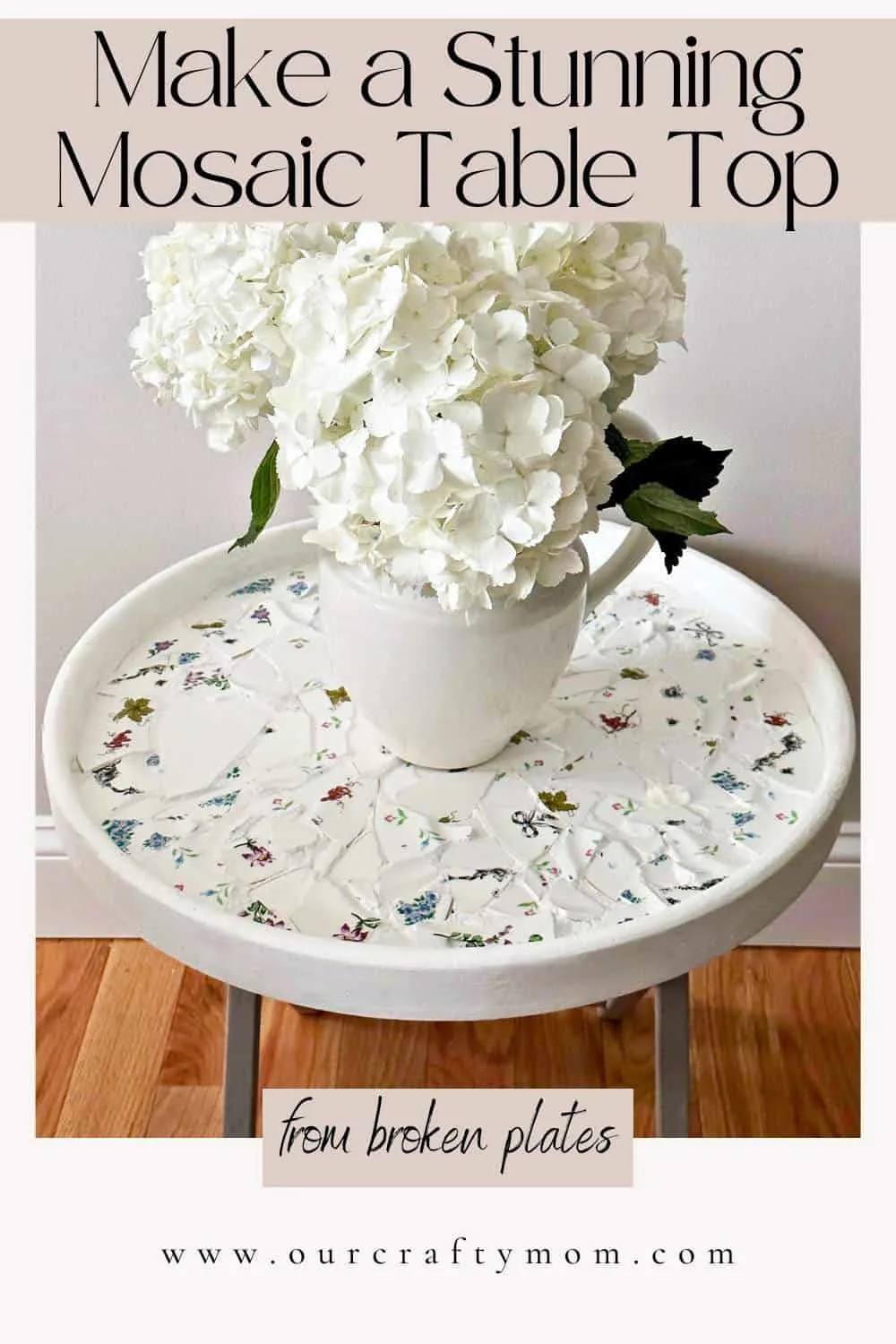 mosaic table with pitcher of hydrangeas