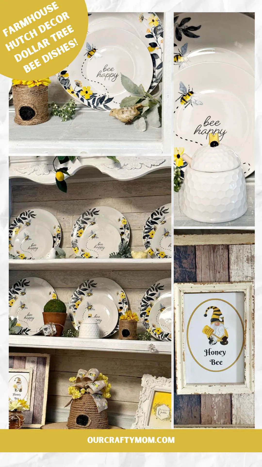 farmhouse hutch decorations with bee plates