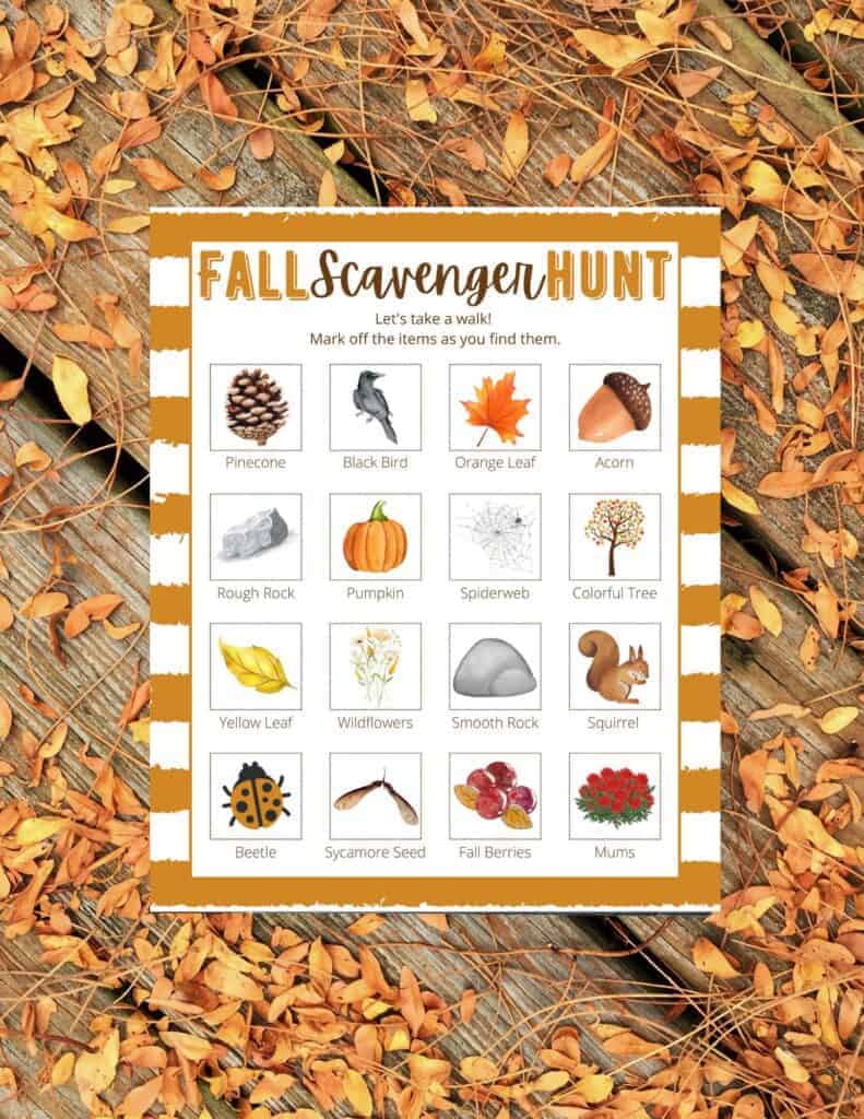 fall scavenger hunt with leaves background