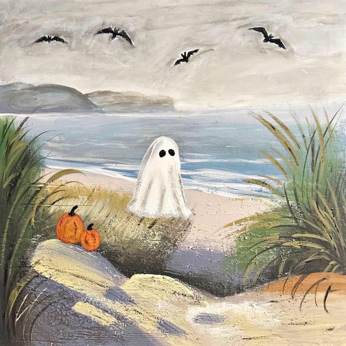 painted ghost with bats and pumpkins on canvas