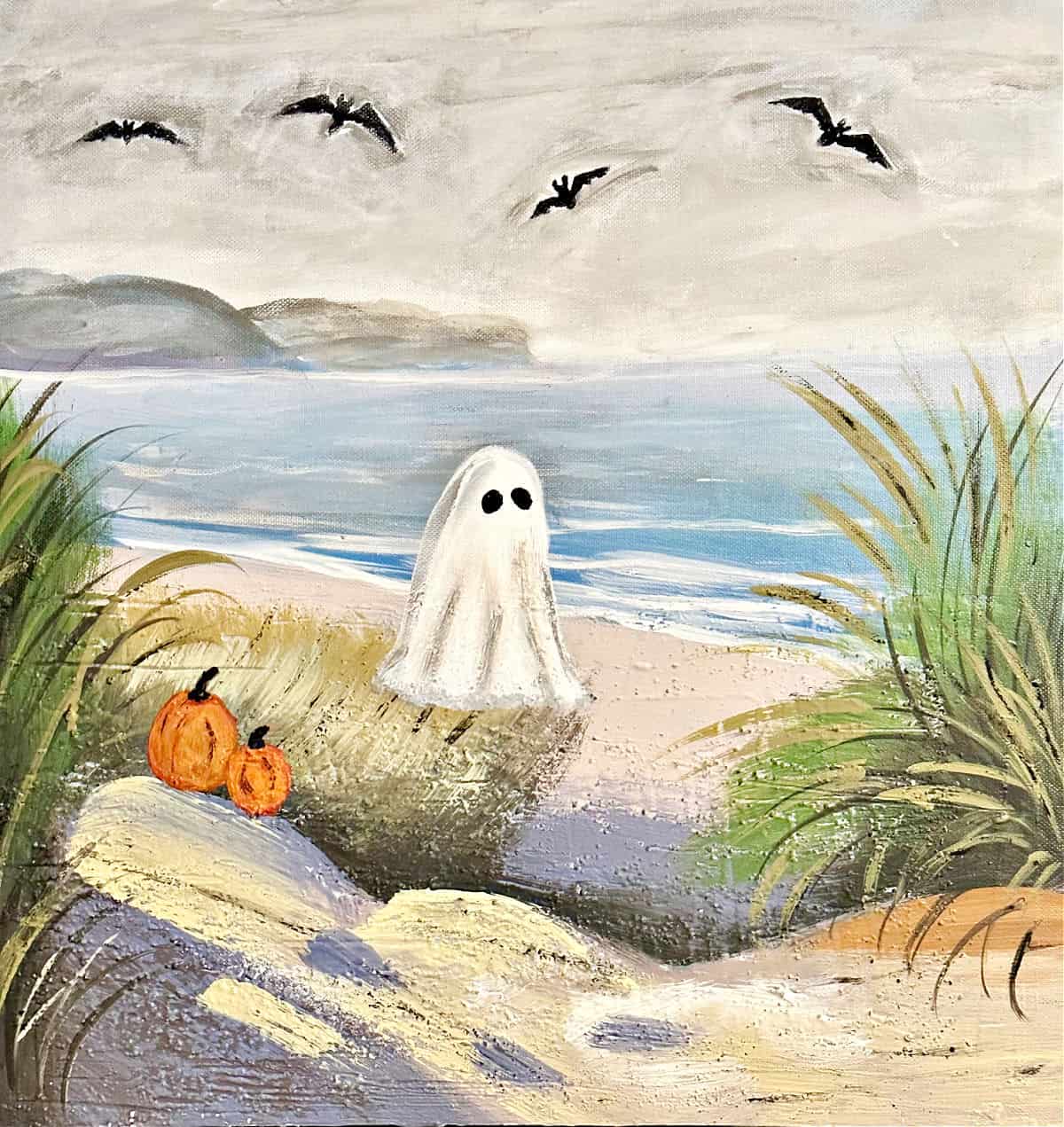 thrifted ghost painting with bats and pumpkins