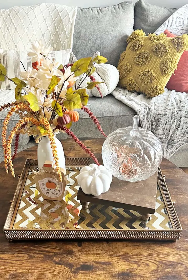 fall coffee table with glass pumpkin