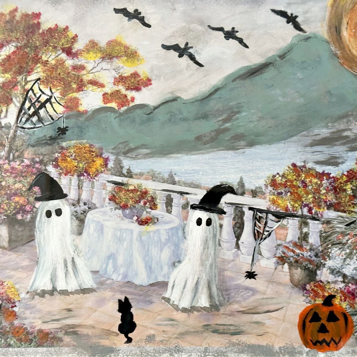 close up of thrifted art makeover for Halloween