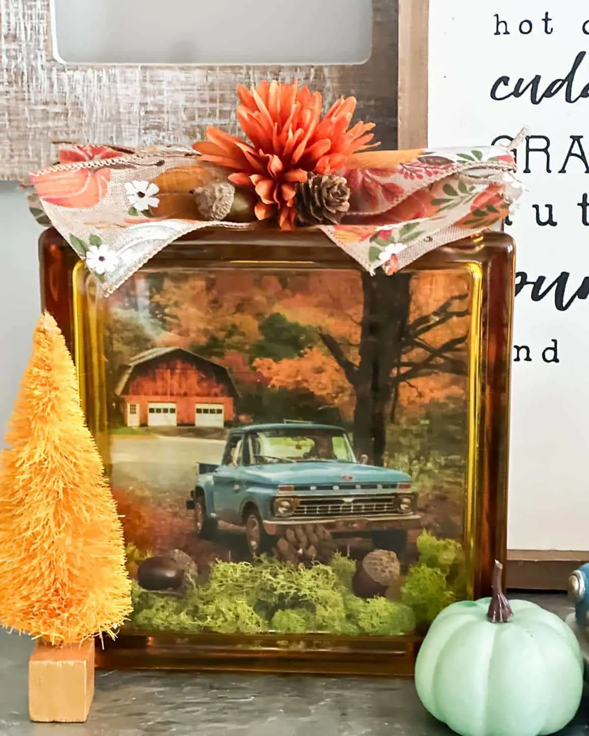 fall glass block with country truck printable