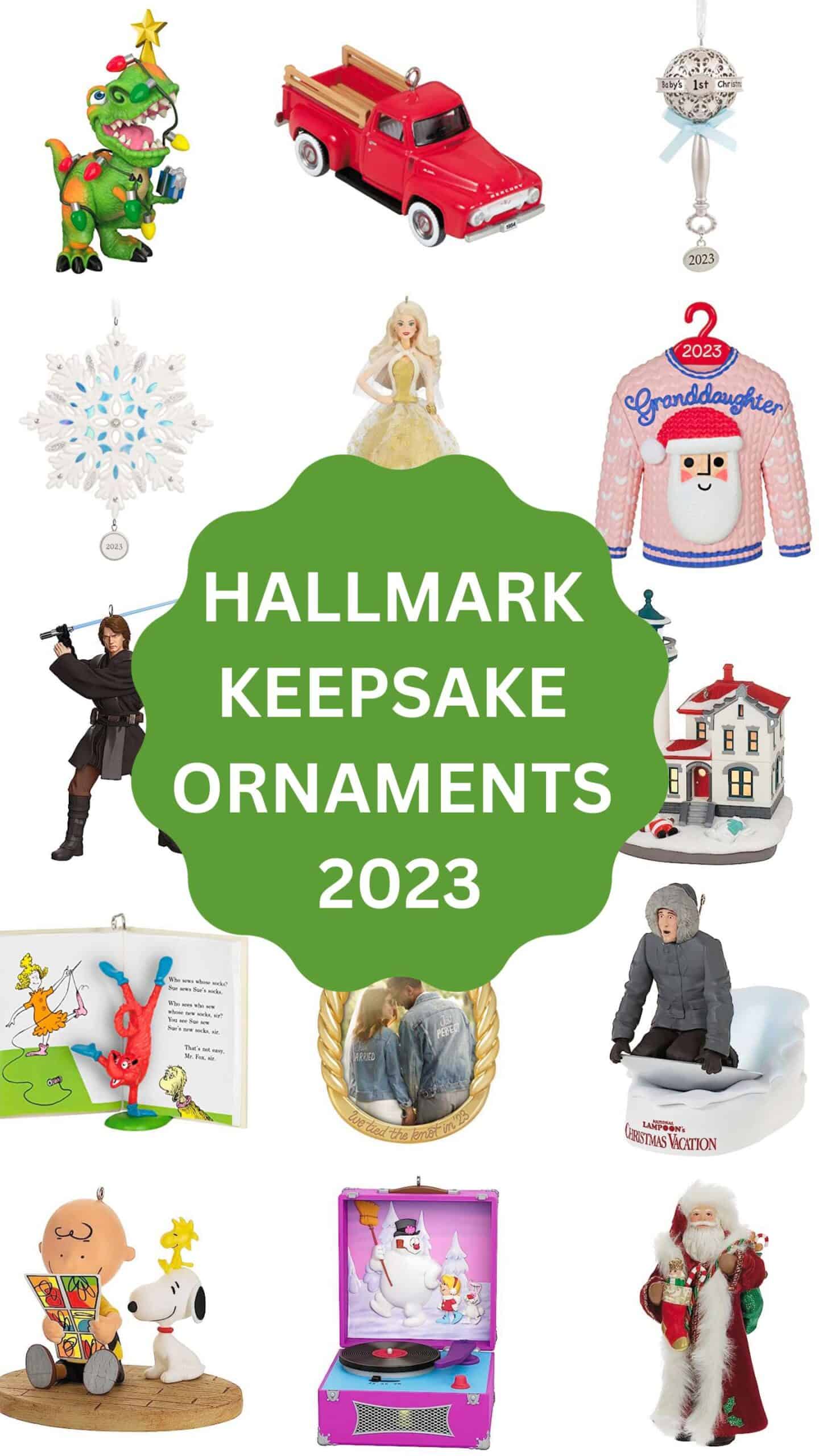 Pin collage with 15 Hallmark ornaments 2023 with text
