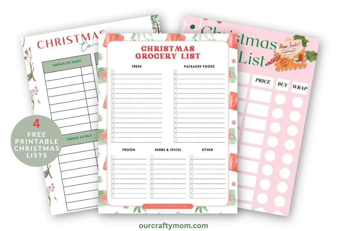 Set of 4 Printable Christmas List Ideas to Download Free!