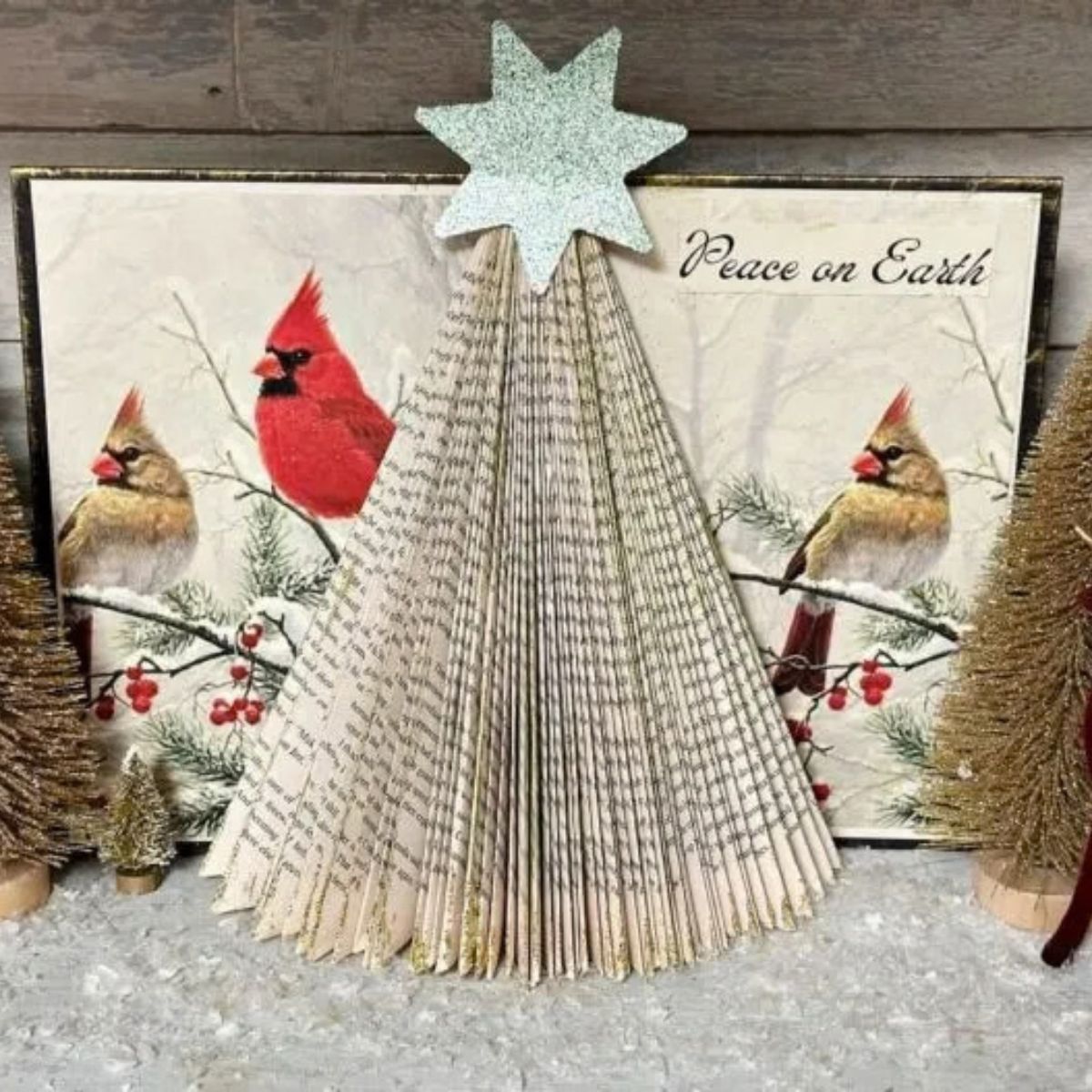 center view of Christmas tree folded book pattern with cardinals