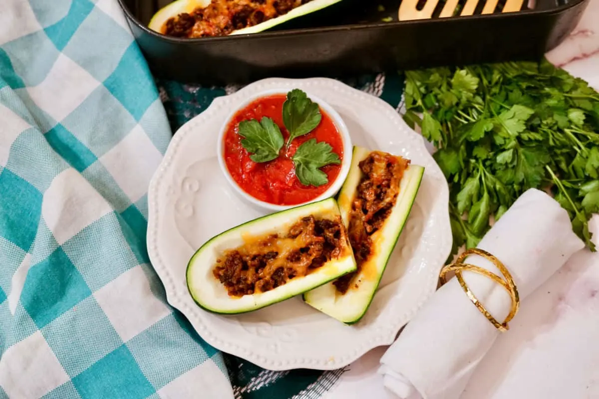 Air fryer taco zucchini boatson plate