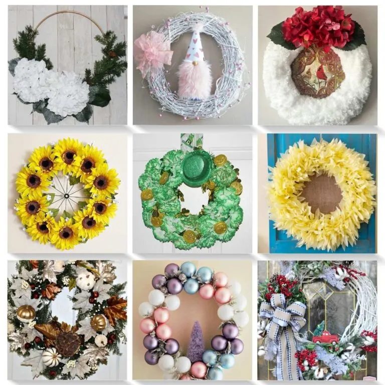 collage of 9 diy wreaths on front door