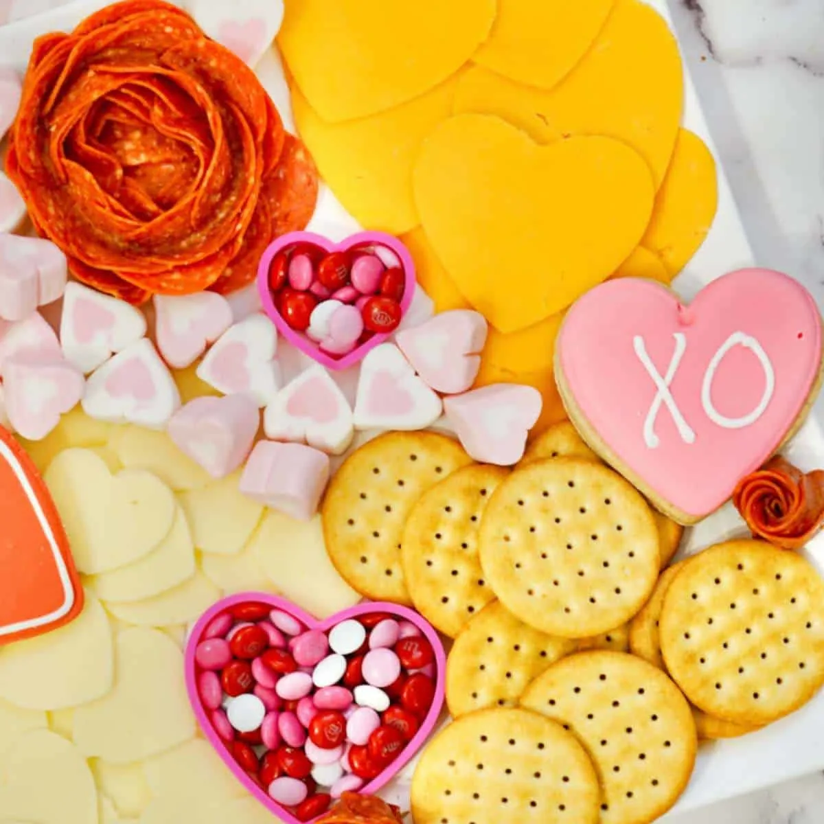 close up of valentine charcuterie board