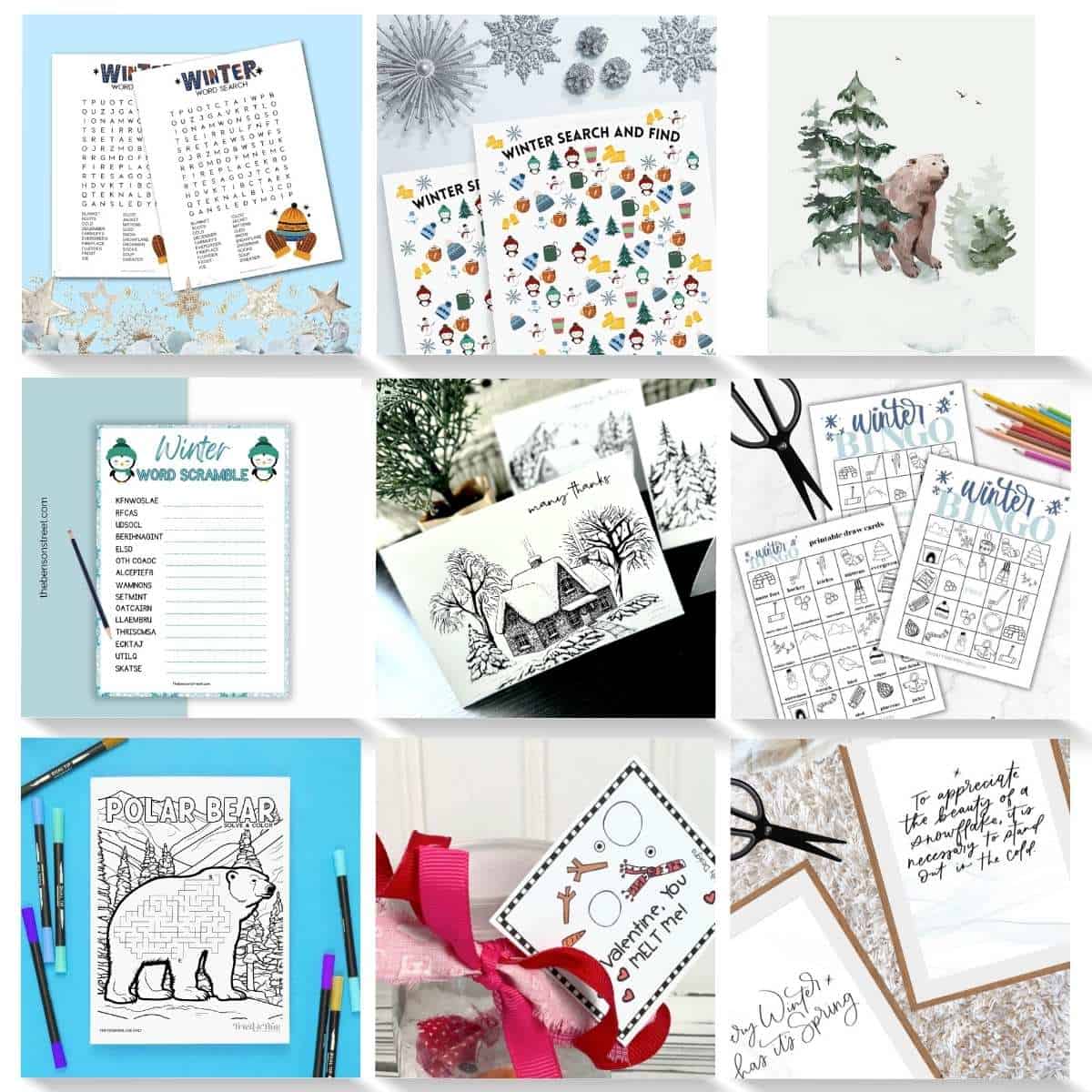 set of winter printables and kids activities
