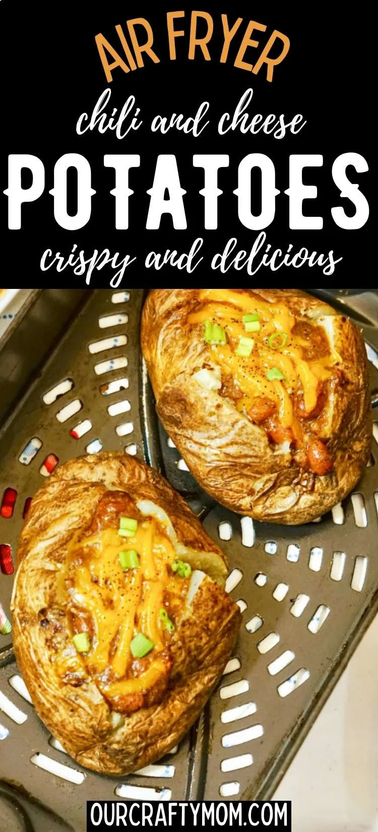 air fryer chili cheese potatoes pin with text
